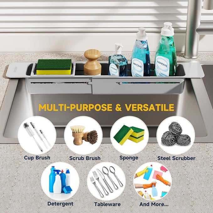 NiHome Extendable Sink Kitchen Organizer, Extra Long Telescopic Brush Storage - Image 7