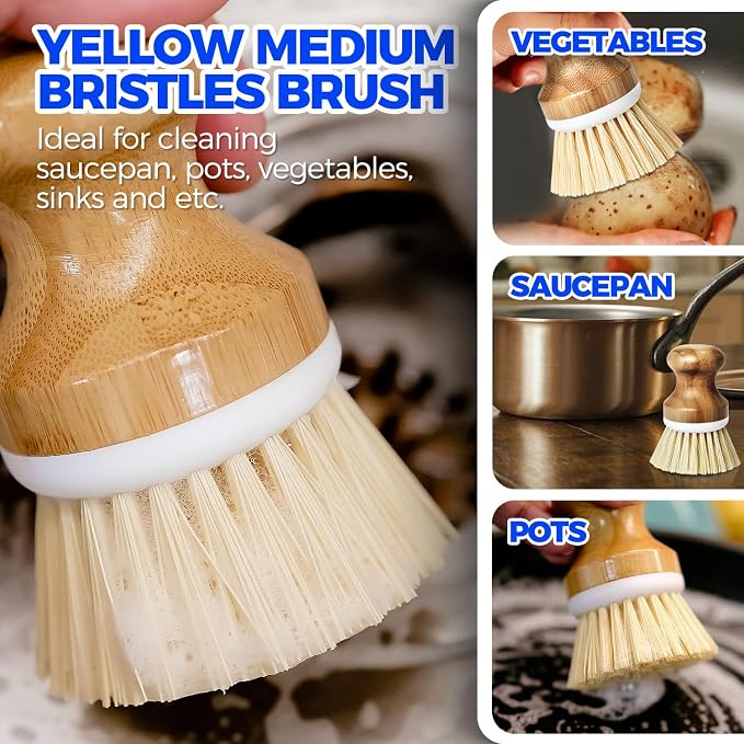 Holikme Bamboo Palm Brush Dish Brushes Vegetable Scrubber Round Natural Scrub - Image 2