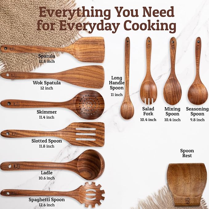 PriorityChef Wooden Spoons for Cooking, Premium 10pc Teak Wood Utensil Set - Image 4