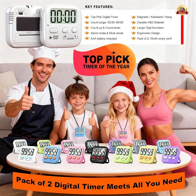 Antonki 2 Pack Digital Timer for Kids, Magnetic Countdown Kitchen Timers for - Image 8