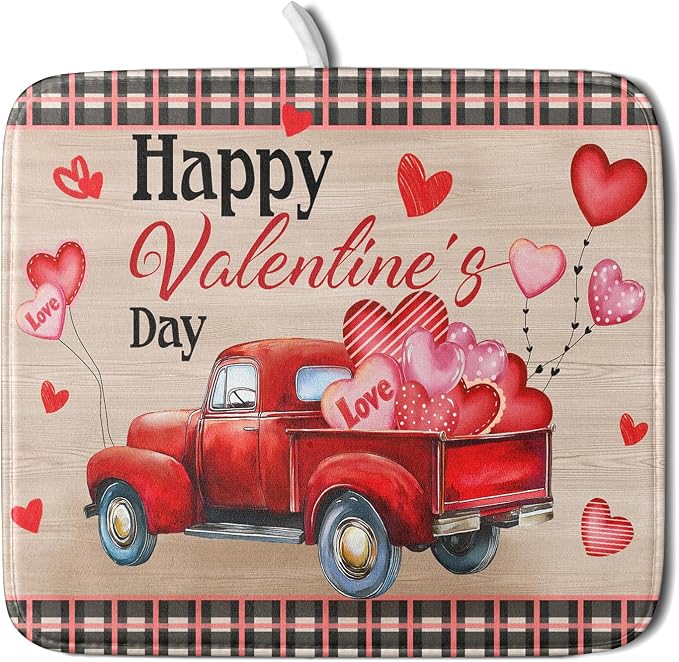 Valentine's Day Truck Dish Drying Mat 16x18 inch Love Heart Washable Absorbent by Giwawa