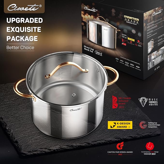 Ciwete Stock Pot 12 Quart, 18/10 Tri-Ply Stainless Steel Whole Clad Stock Pot - Image 3