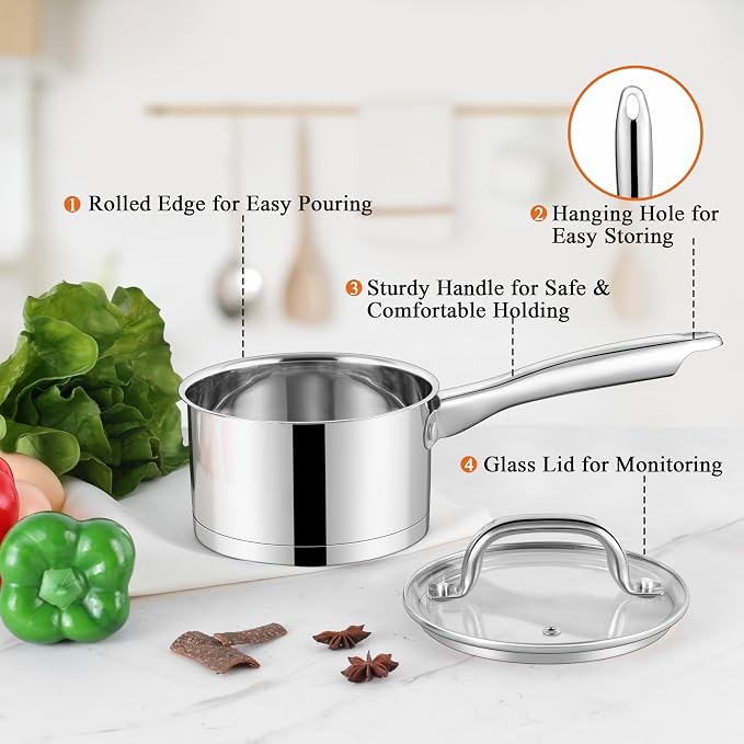 LIANYU 1 Quart Stainless Steel Saucepan, Small Sauce Pan - Image 4