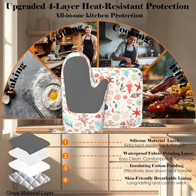 Cartoon Starfish and Shells Oven Mitts and Pot Holders Sets Silicone Kitchen - Image 4