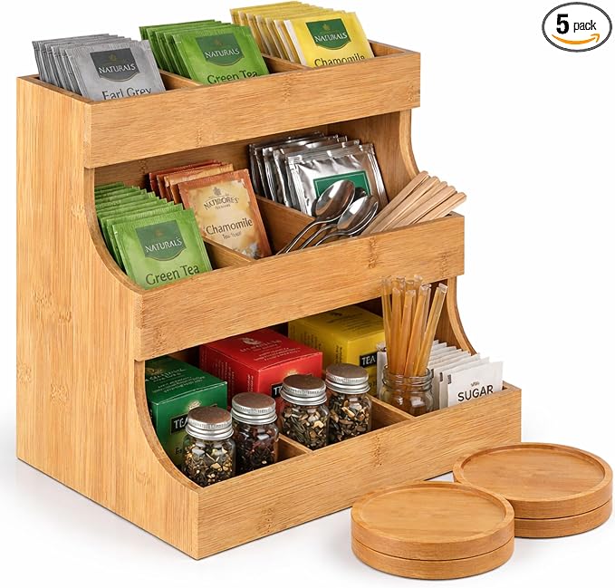 Tea bag organizer with 3-tier storage & 4 matching coasters. Fully assembled. by Unknown