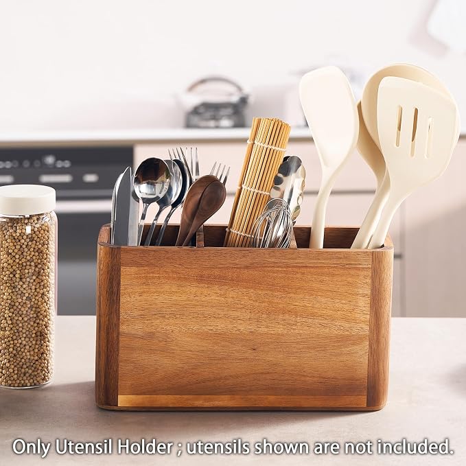 12" Wooden Kitchen Utensil Holder, Extra Large Acacia Wood Organizer - Image 4