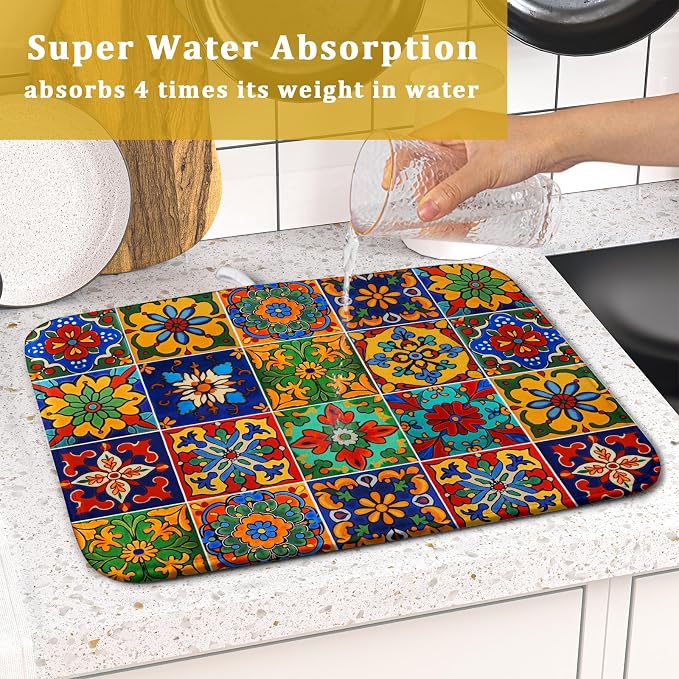 Mexican Tiles Dish Drying Mat for Kitchen Counter Absorbent Microfiber Dish - Image 7