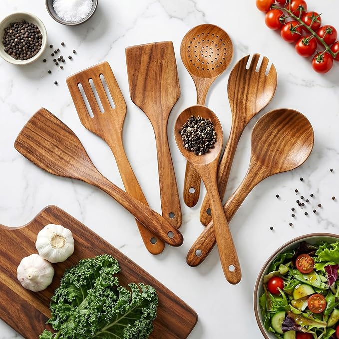 7 Pcs Acacia Wood Cooking Utensils Set Large Wooden Spoons - Image 7