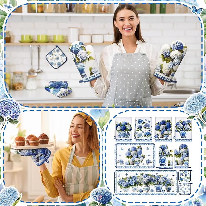 Fanfanwin 10 Pcs Chinoiserie Blue White Hydrangea Kitchen Decor Set Blue and - Image 6