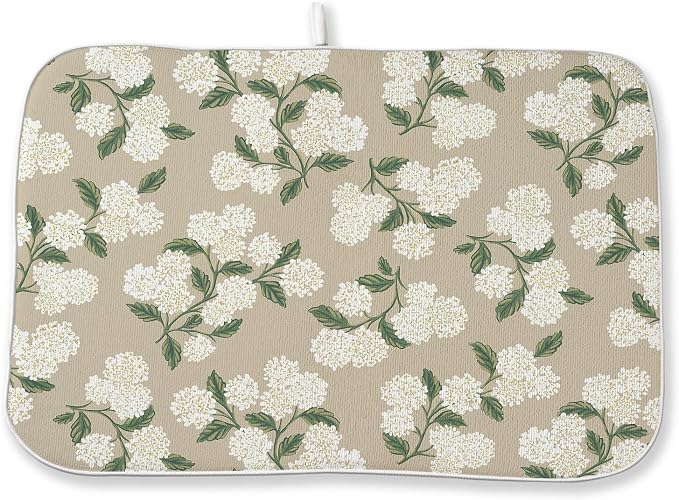 Beige Dish Drying Mat 18x24 Inch Khaki Green Vintage Floral Hydrangea Flower by DAFENA