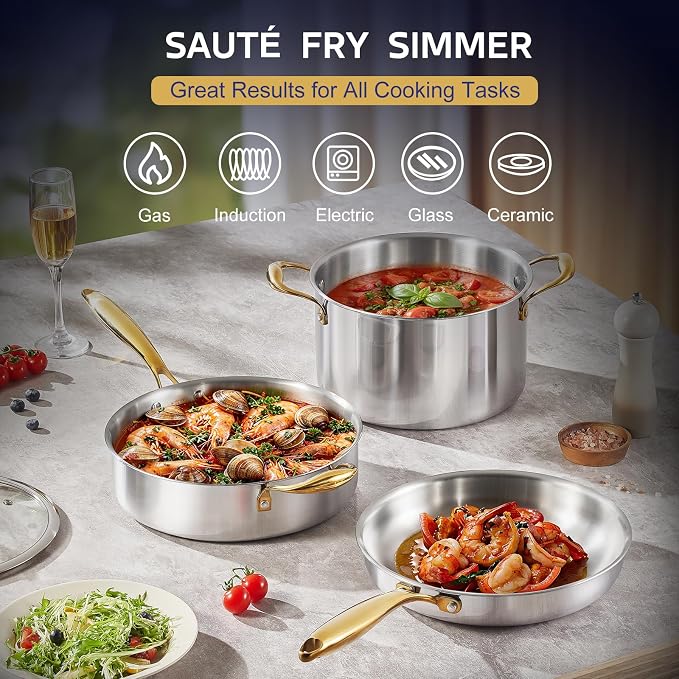 Triple Ply Stainless Steel Pots and Pans Set, EWFEN 12 Piece Induction Cookware - Image 3