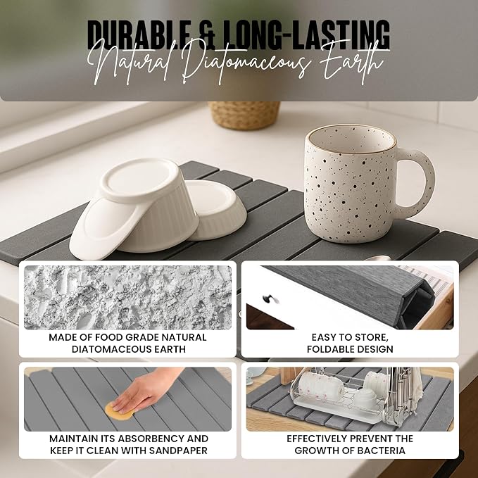 Large Stone Dish Drying Mat for Kitchen Counter, Instant Drying Pad, Super - Image 8