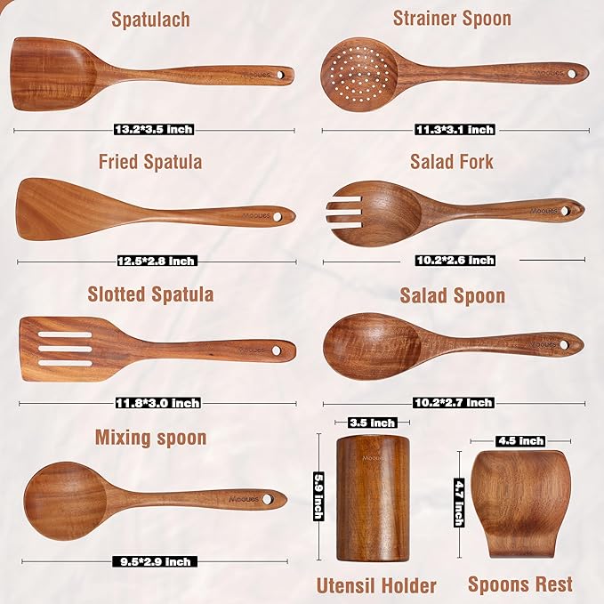 Mooues 9 Piece Natural Teak Wooden Kitchen Utensil Set - Image 3