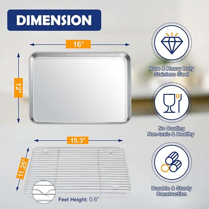 16 Inch Baking Sheet Pan with Rack Set, Joyfair Stainless Steel Toaster Oven - Image 2