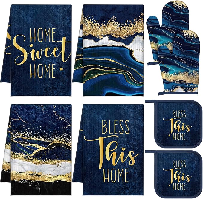 Leinuosen 8 Pcs Blue Marble Kitchen Decor Dish Towels and Oven Mitts Sets Pot by Leinuosen