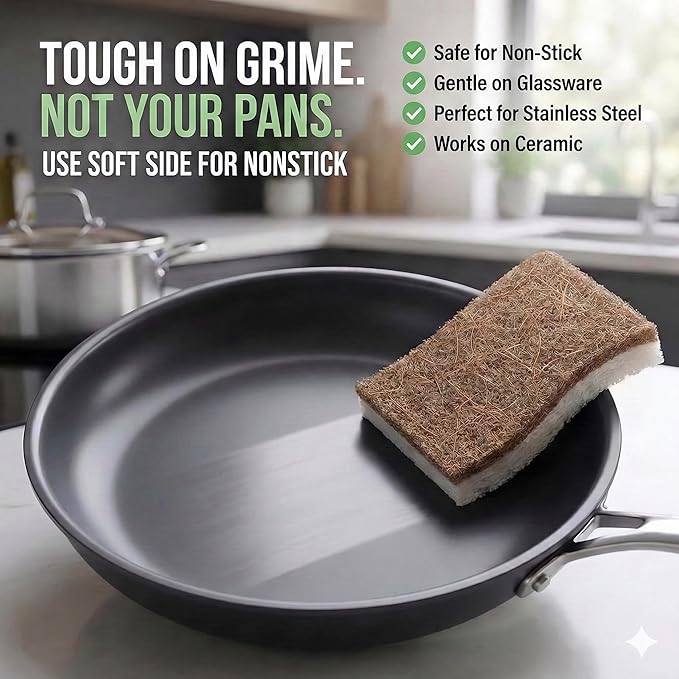 12 Pack Natural Kitchen Sponges, Compostable White Cellulose & Organic Coconut - Image 5