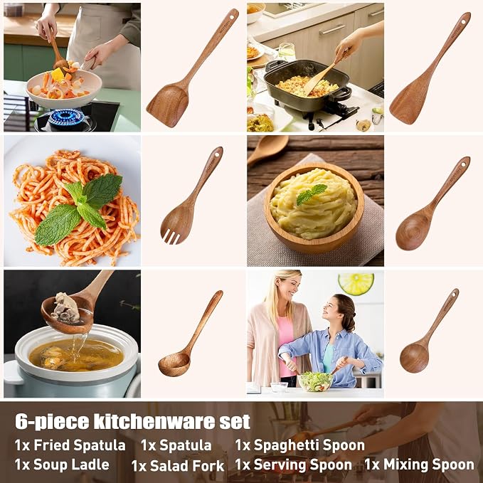 Wooden Spoons - Wooden Spoons for Cooking, Natural Wooden Kitchen Utensils Set - Image 4
