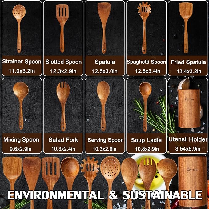Wooden Spoons for Cooking, Wooden Cooking Utensil Set, 10-Piece Wooden Kitchen - Image 3