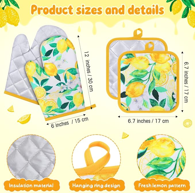 4 Pcs Oven Mitts and Pot Holders Cute Lemon Oven Gloves and Pot Holders Heat - Image 2