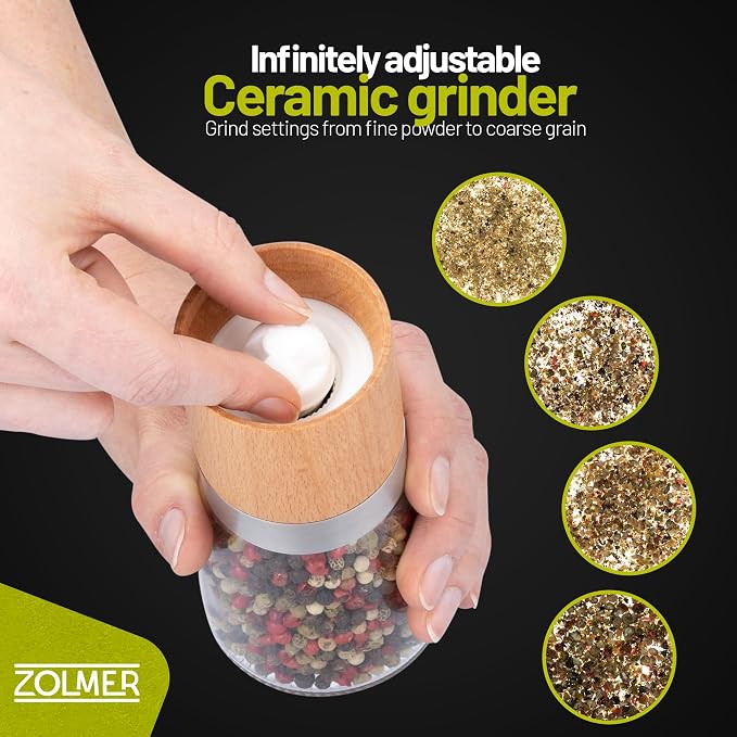 ZOLMER® Wooden Salt and Pepper Grinder Set | Natural Manual Ceramic Mill - Image 3
