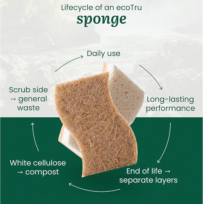 6 Pack Natural Kitchen Sponges, Compostable White Cellulose & Organic Coconut - Image 8