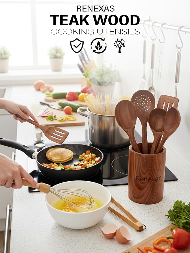 6-Piece Teak Wooden Kitchen Utensil Set – Nonstick Safe Cooking Spoons & - Image 2