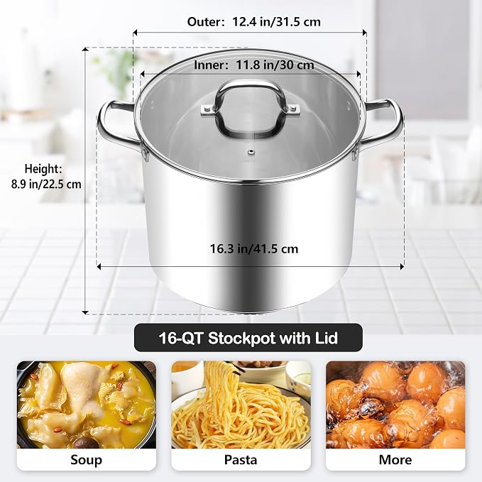 Homikit 16 Quart Stainless Steel Stock Pot, Large Sauce Soup Pot - Image 2