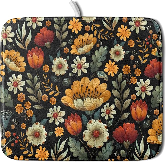 Vintage Boho Floral Dish Drying Mat by Anyako