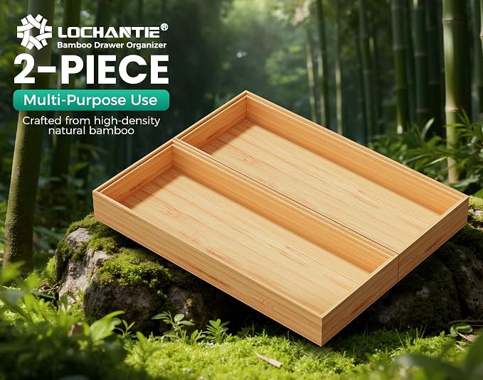 Long Bamboo Kitchen Drawer Organizer Boxes – 17" x 6" Stackable Wood Silverware - Image 5