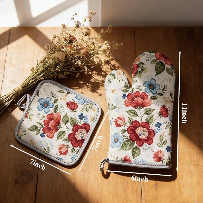 Floral Oven Mitts and Pot Holders Sets 2 Pcs, Canvas Heat Resistant Kitchen - Image 3