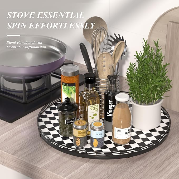 21" Black and White Kitchen Lazy Susan Turntable, Round Checkered Decorative - Image 5