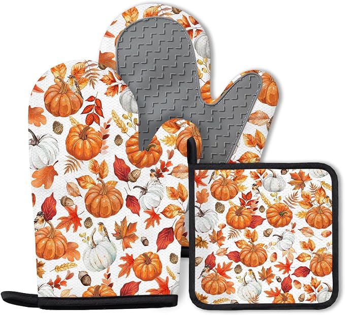 Thanksgiving Pumpkin Oven Mitts and Pot Holders, Fall Oven Mitts Sets of 3 by Unknown
