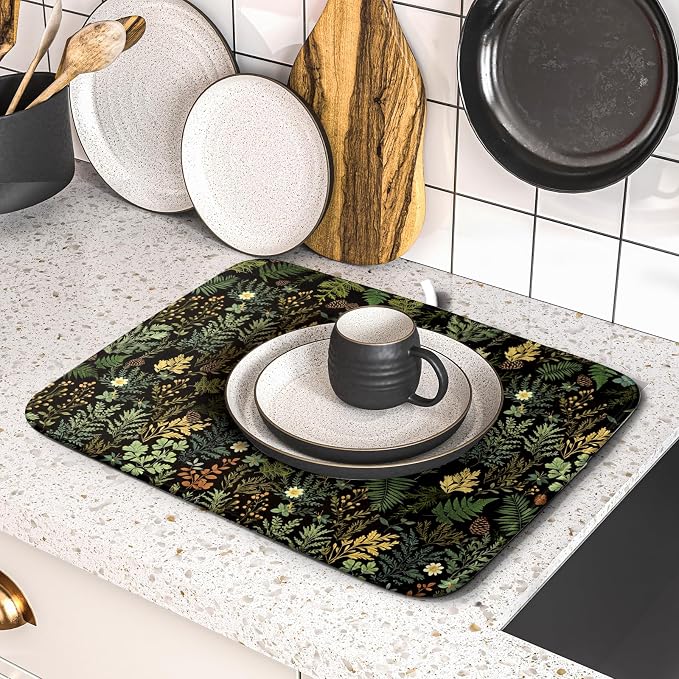 Black Green Botanical Dish Drying Mat - Image 5