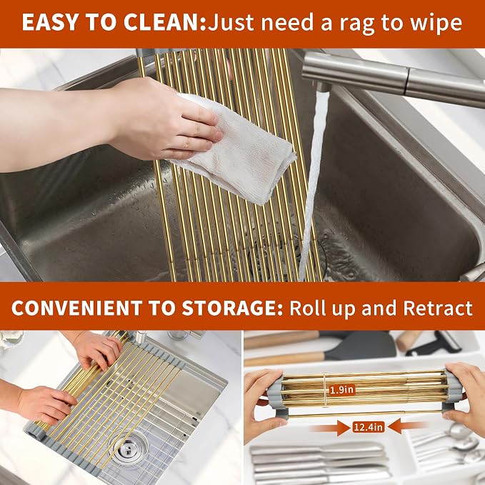 Golden Expandable Roll-UP Dish Drying Rack-Large 304 Stainless Steel Dish - Image 6