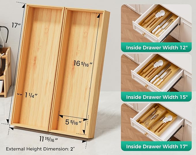 Long Bamboo Kitchen Drawer Organizer Boxes – 17" x 6" Stackable Wood Silverware - Image 2