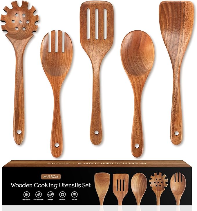 5 PCS Wooden Spoons for Cooking Natural Teak Kitchen Utensils Set Smooth by MULBOM