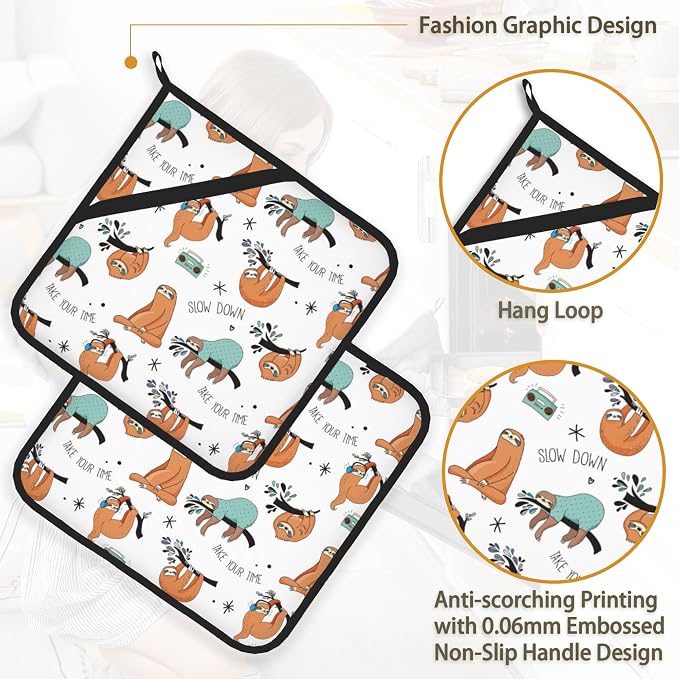Funny Sloth Pot Holder Set of 2, Heat Resistant Potholders Oven Hot Pads - Image 4
