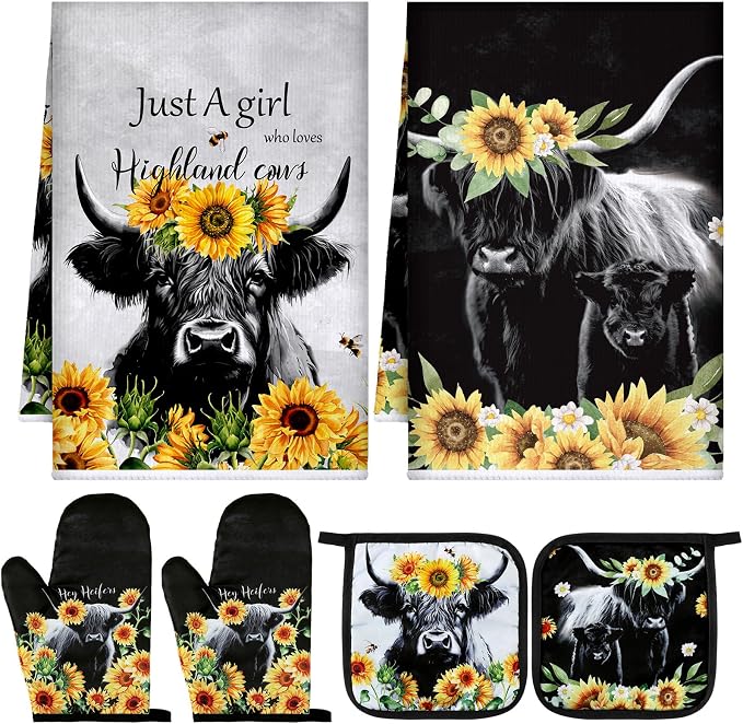 Leinuosen 6 Sunflower Cow Kitchen Towels Kitchen Decor and Accessories Set by Leinuosen