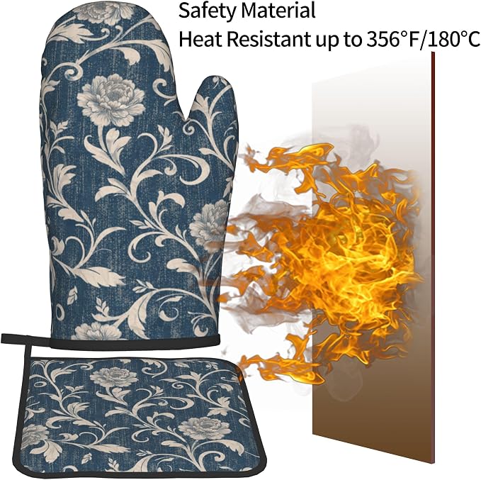 Navy Blue Oven Mitts and Pot Holders Vintage Floral Kitchen Accessories Set of - Image 5