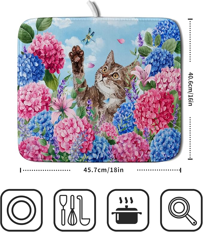 Hydrangea Floral Dish Drying Mat Cute Cat Microfiber Absorbent Dish Drying Pad - Image 2