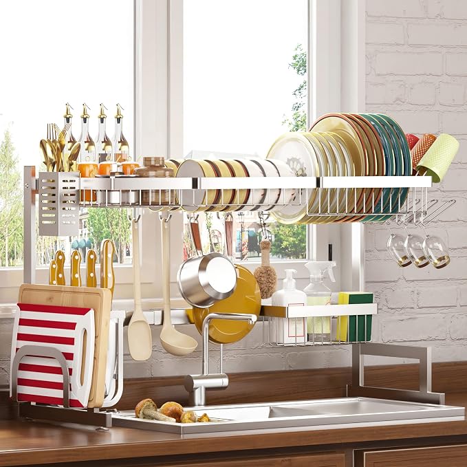 PUSDON Over Sink Dish Drying Rack Stainless Steel, Adjustable Large Dish Drainer by PUSDON