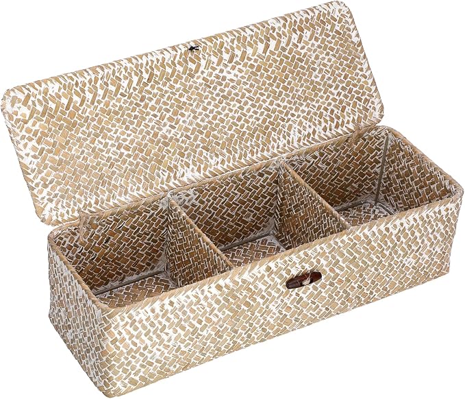 Hipiwe Storage Basket with Lid 3 Sections Handwoven Seagrass Basket Rectangular by Hipiwe