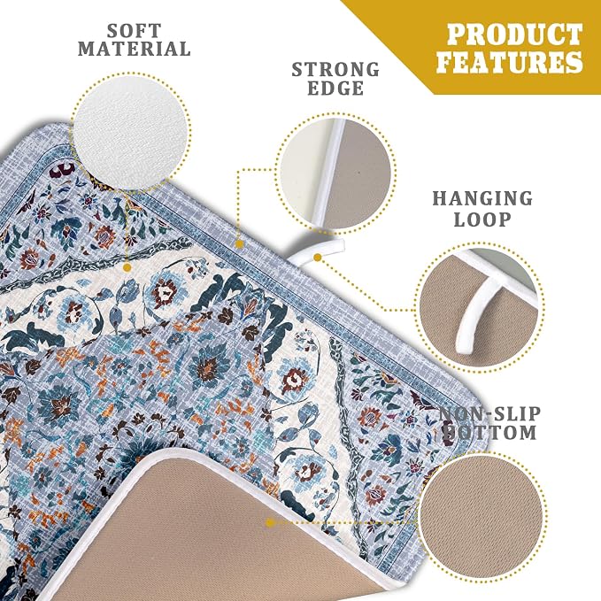 Boho Flower Dish Drying Mat Blue Bohemian Dishes Drainer Rack Mat 16x18 Inch - Image 4