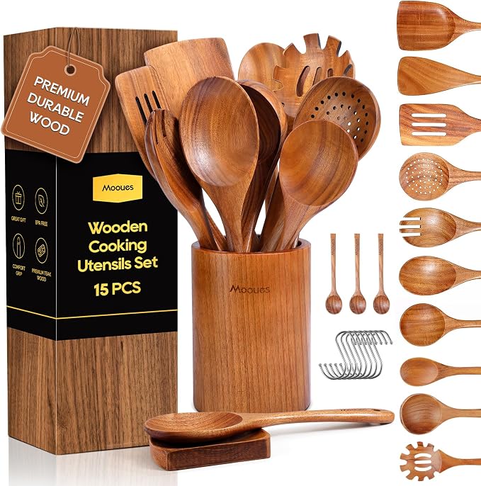 15Piece Wooden Spoons for Cooking Natural Teak Wooden Kitchen Utensils Set by Mooues