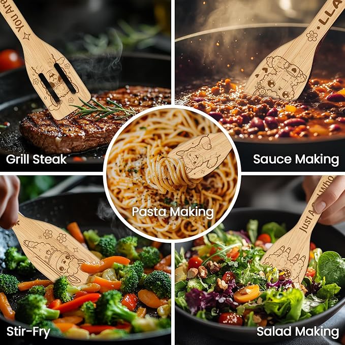 CUTHOLLOW 6PCS Alpacas Wooden Kitchen Cooking Utensil Set, 11.9in Non Toxic - Image 4