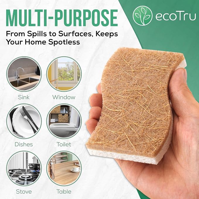 6 Pack Natural Kitchen Sponges, Compostable White Cellulose & Organic Coconut - Image 9