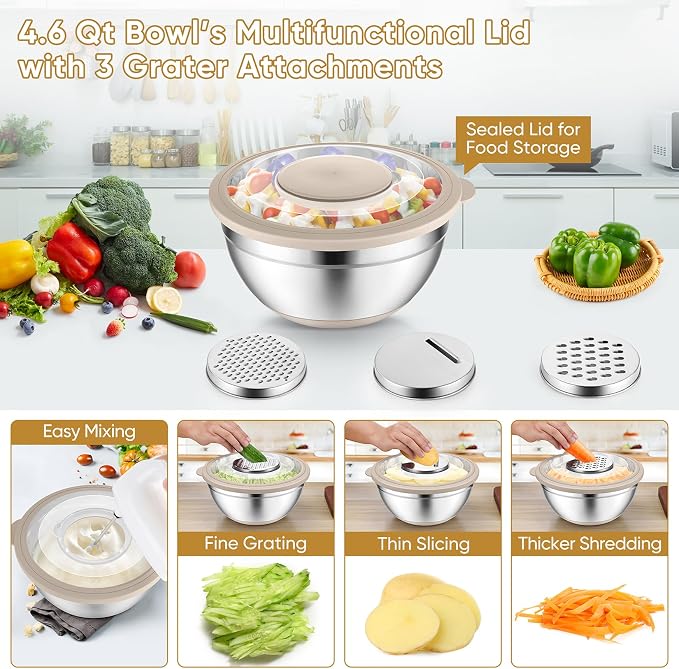 P&P CHEF Mixing Bowls with Lids Set of 3, Stainless Steel Mixing Bowl and - Image 3
