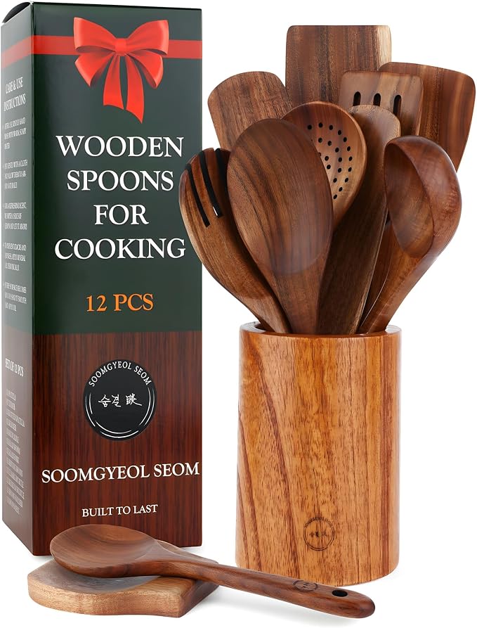 12-Piece Natural Teak Wood Utensil Set by SOOMGYEOLSEOM