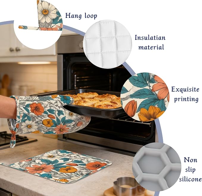Vintage Floral Potholders & Oven Mitts Sets Abstract Flowers Silicone Heat - Image 4