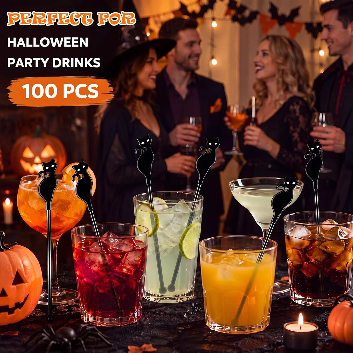 Silifine 100 Pcs Halloween Swizzle Sticks Plastic Black Cat Drink
